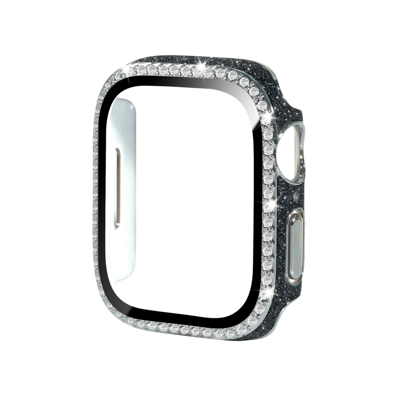 Apple Watch apsauginė dėklas iš PC ir odos, grūdinto stiklo plėvelė ekranui, vienos eilės deimantai, suderinamas su Apple Watch serijomis 4–9 ir SE