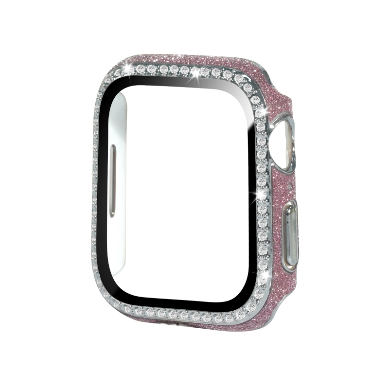 Apple Watch apsauginė dėklas iš PC ir odos, grūdinto stiklo plėvelė ekranui, vienos eilės deimantai, suderinamas su Apple Watch serijomis 4–9 ir SE