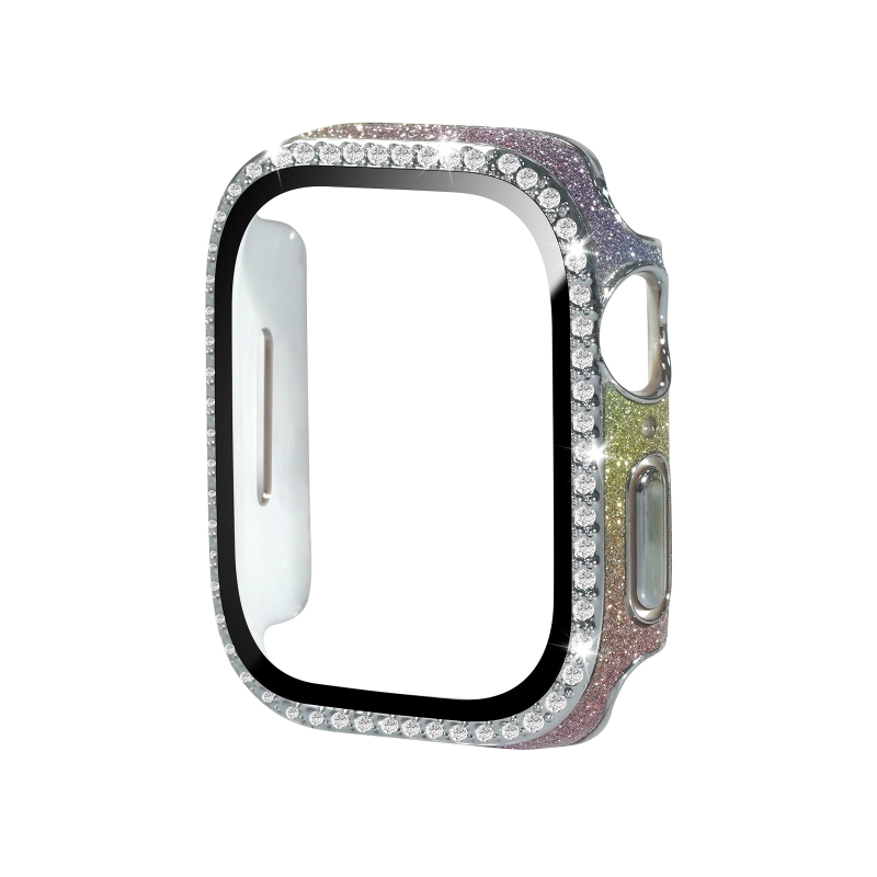 Apple Watch apsauginė dėklas iš PC ir odos, grūdinto stiklo plėvelė ekranui, vienos eilės deimantai, suderinamas su Apple Watch serijomis 4–9 ir SE
