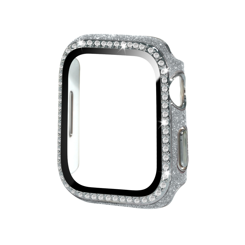 Apple Watch apsauginė dėklas iš PC ir odos, grūdinto stiklo plėvelė ekranui, vienos eilės deimantai, suderinamas su Apple Watch serijomis 4–9 ir SE