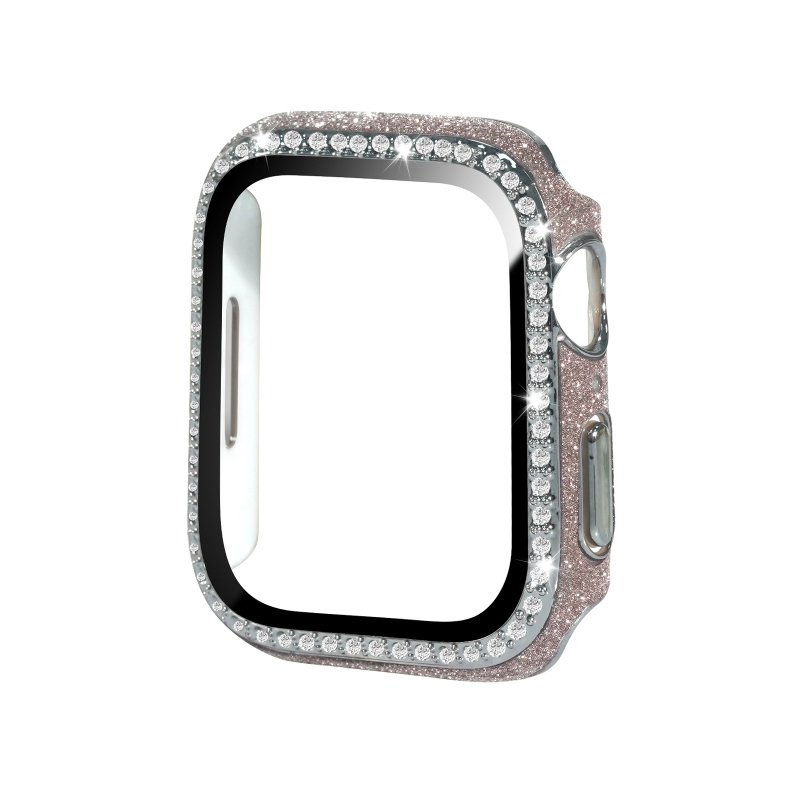 Apple Watch apsauginė dėklas iš PC ir odos, grūdinto stiklo plėvelė ekranui, vienos eilės deimantai, suderinamas su Apple Watch serijomis 4–9 ir SE