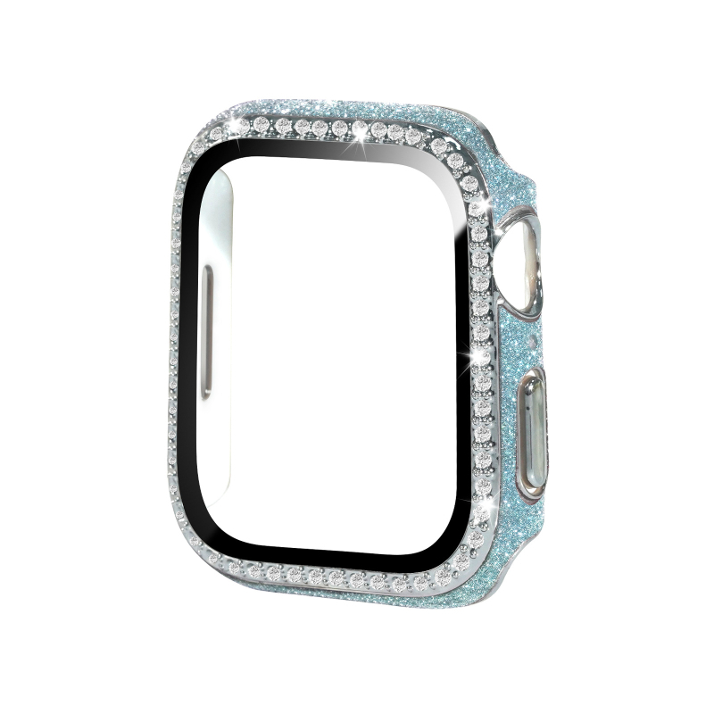 Apple Watch apsauginė dėklas iš PC ir odos, grūdinto stiklo plėvelė ekranui, vienos eilės deimantai, suderinamas su Apple Watch serijomis 4–9 ir SE