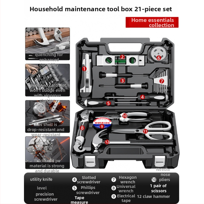 Családi javító szerszámkészlet autóba szerelhető szerszámos ládával, szénacélból, 81-100 darab