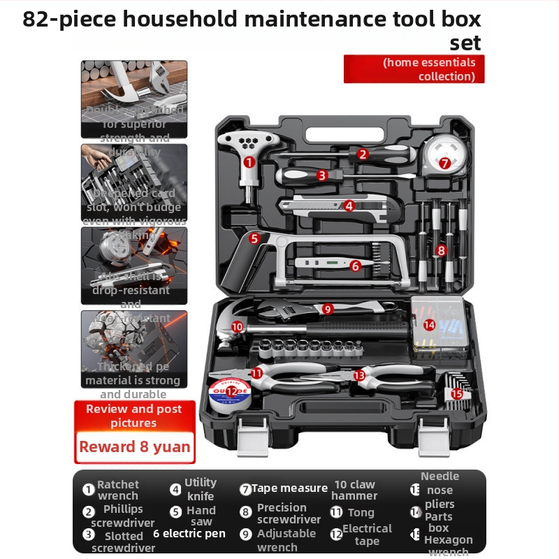 Családi javító szerszámkészlet autóba szerelhető szerszámos ládával, szénacélból, 81-100 darab