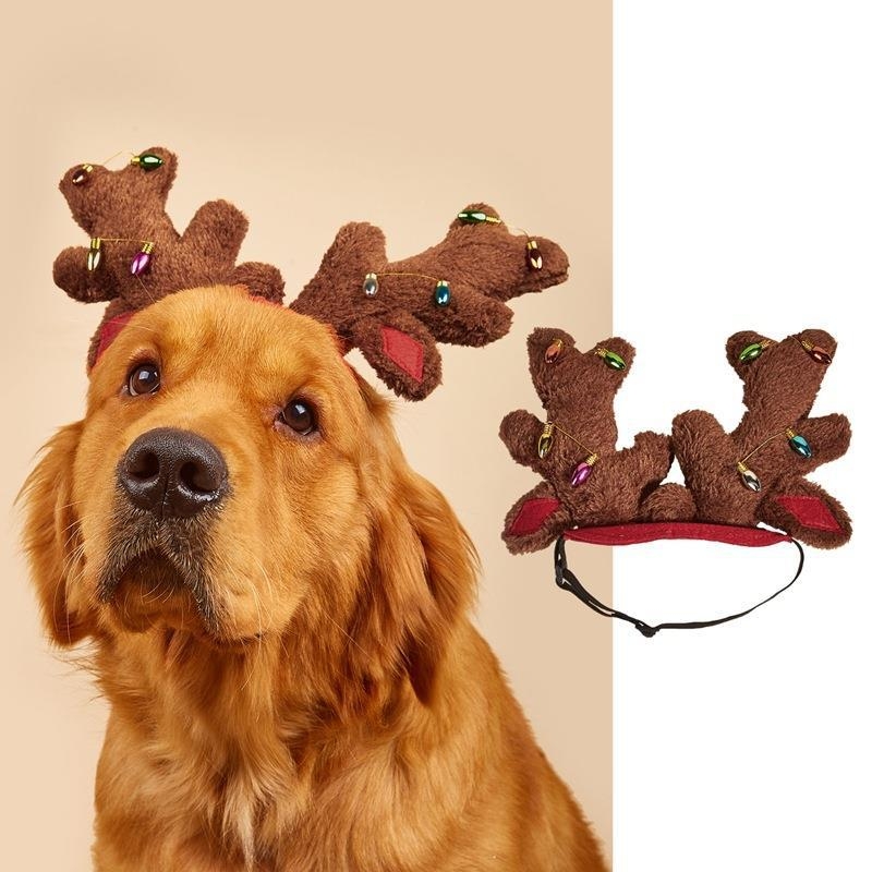 Коледна лента за глава за домашни любимци с пухено топче, светлинни звезди и рога | Полиестер | Коледна тематика | Произход: Гуандун | Лицензирана частна марка