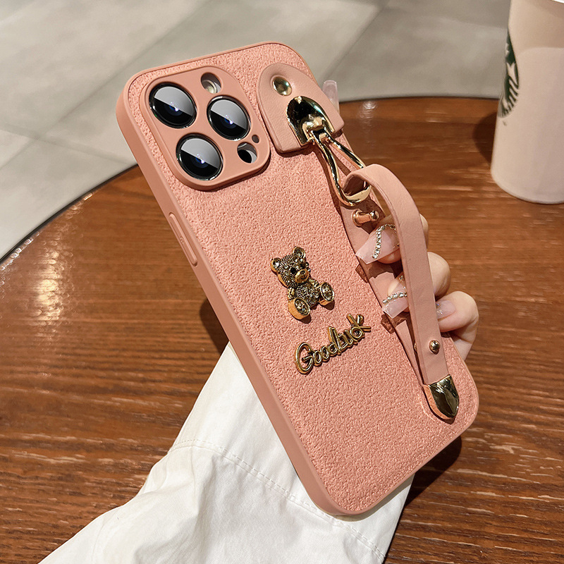 Retro kovový medve kožený vzor náramok pre zadný kryt iPhone 11–14 Pro/Pro Max, TPU, proti opotrebeniu, proti pádom, povrch postrekom