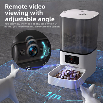 Автоматичен подавач за храна за котки и кучета с таймер за хранене, камера за наблюдение и управление чрез приложение; разглобяем дизайн, 1250 g