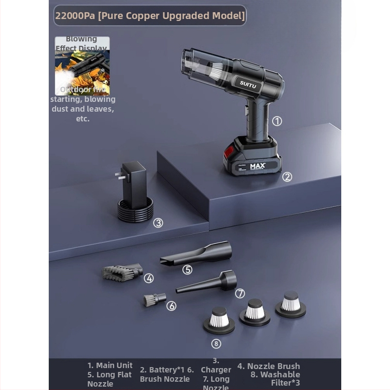 Ръчен вакуум за автомобил, безжичен, презареждаем, 11000 Pa всмукване, входна мощност 120 W, измерване на налягането в гумите