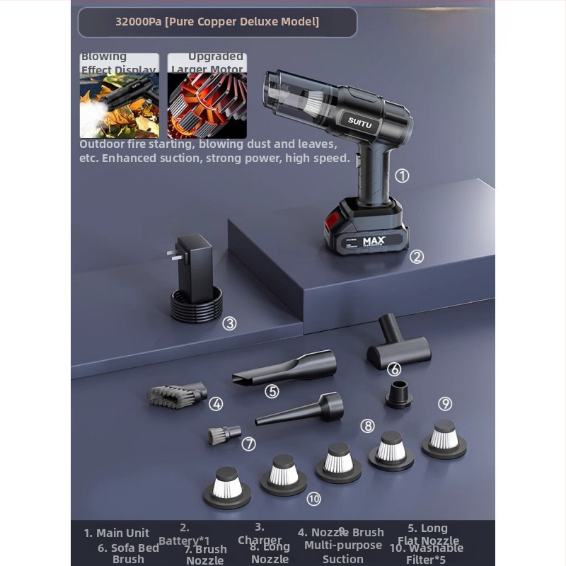 Ръчен вакуум за автомобил, безжичен, презареждаем, 11000 Pa всмукване, входна мощност 120 W, измерване на налягането в гумите