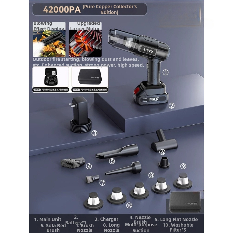 Ръчен вакуум за автомобил, безжичен, презареждаем, 11000 Pa всмукване, входна мощност 120 W, измерване на налягането в гумите