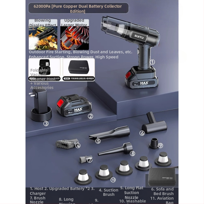 Ръчен вакуум за автомобил, безжичен, презареждаем, 11000 Pa всмукване, входна мощност 120 W, измерване на налягането в гумите