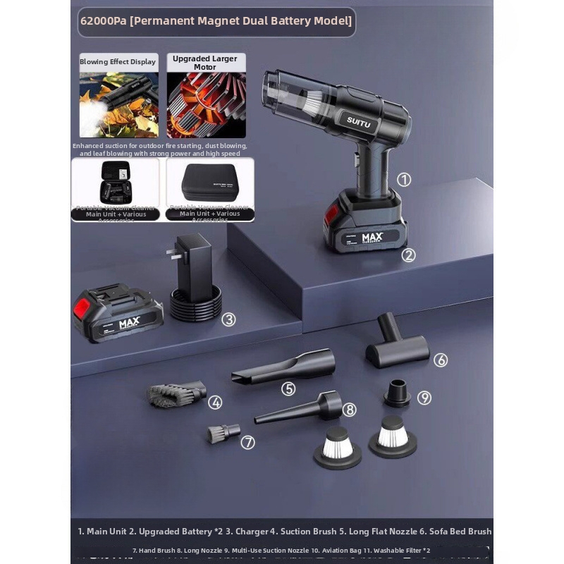 Ръчен вакуум за автомобил, безжичен, презареждаем, 11000 Pa всмукване, входна мощност 120 W, измерване на налягането в гумите