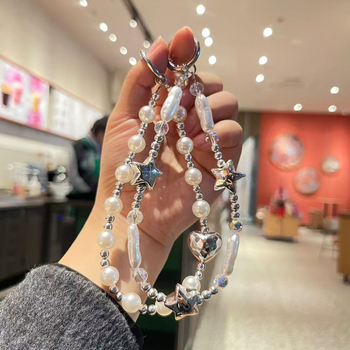 Lanier pentru telefon din acrilic, cu perle imitatie în formă de meteor și stea cu cinci colțuri; mărgele realizate manual; potrivit ca cadou de Crăciun, Ziua Îndrăgostiților și Festivalul de Primăvară