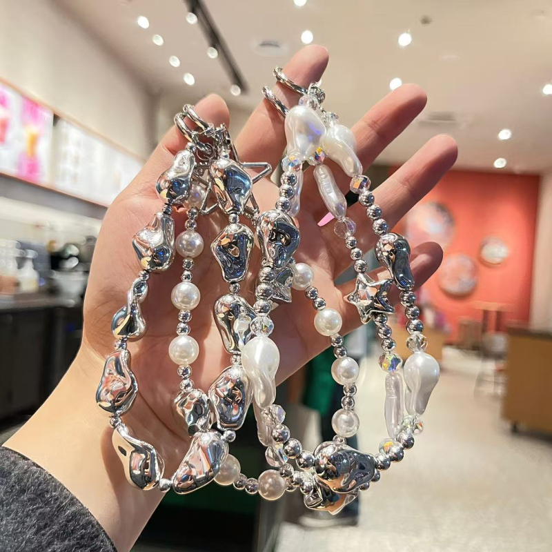 Lanier pentru telefon din acrilic, cu perle imitatie în formă de meteor și stea cu cinci colțuri; mărgele realizate manual; potrivit ca cadou de Crăciun, Ziua Îndrăgostiților și Festivalul de Primăvară