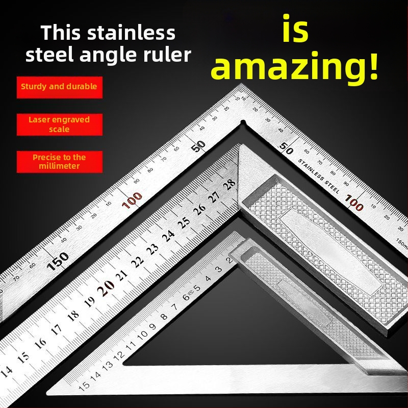 Unique Nerūsējošā tērauda leņķa lineāls, taisnā leņķa 90°, mērīšanas instruments, daudzfunkcionāls trijstūra lineāls kokapstrādē