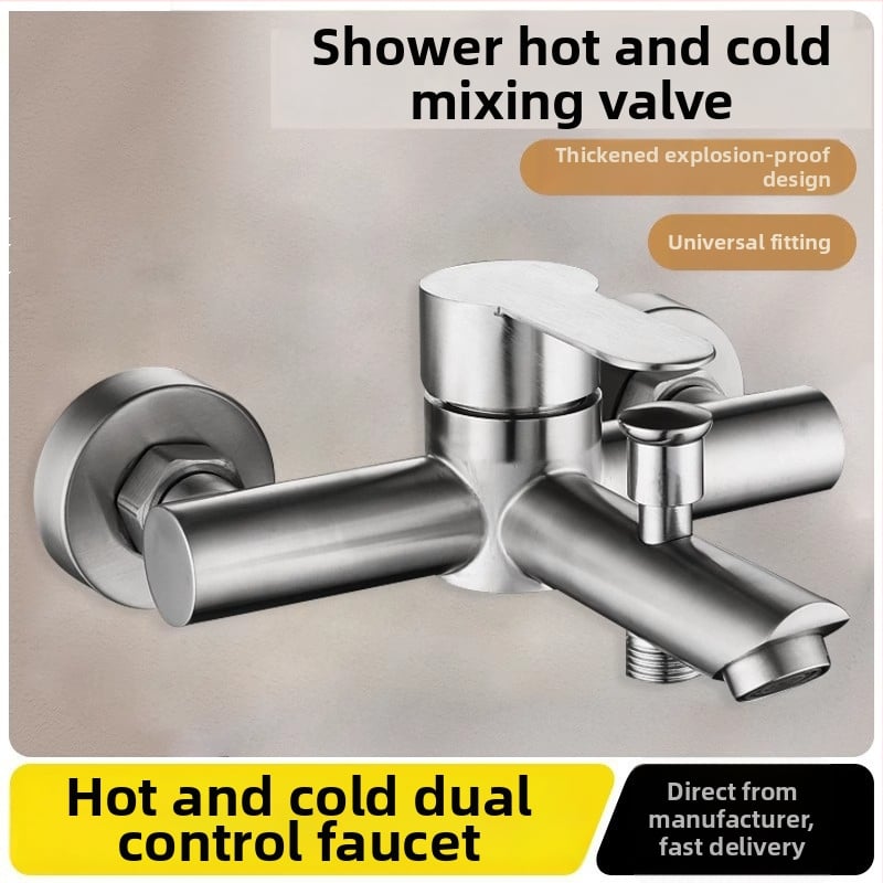 Robinet pentru duș și cadă din oțel inoxidabil, încastrat în perete, cu control triplu, nucleu ceramic al valvei, 0–90°C