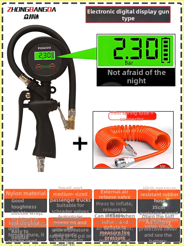 Manometru digital pentru anvelope cu pompă, interval 0–60 psi