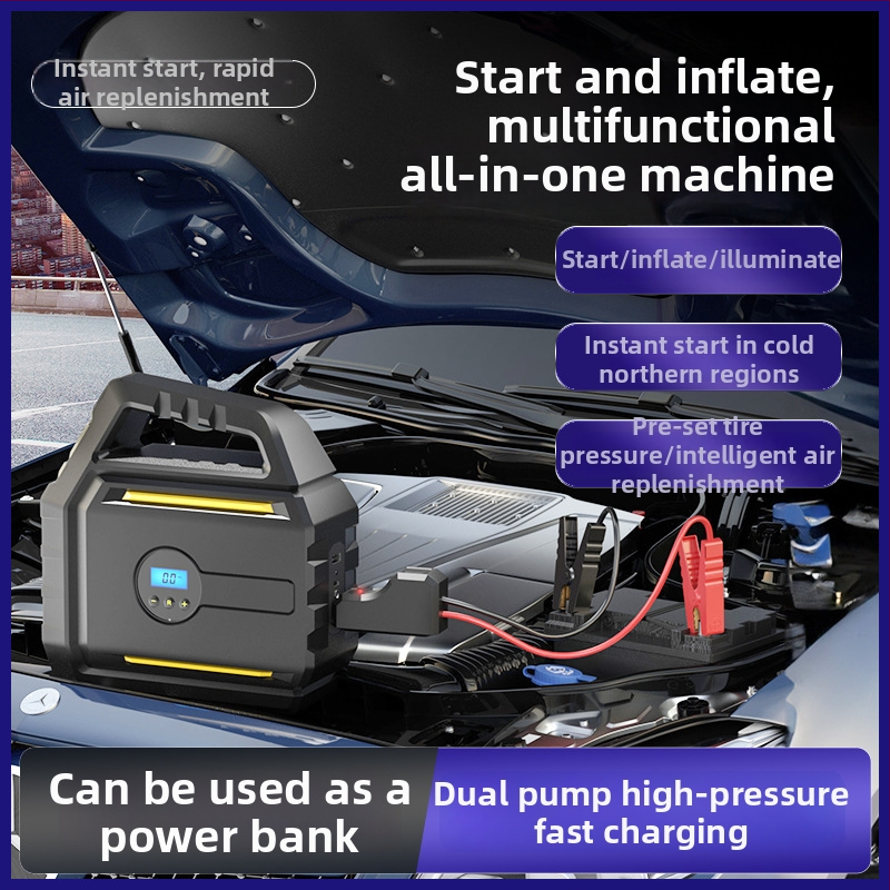 Automobilová vzduchová pumpa s núdzovým štartovačom a power bankom – prenosná všetko-v-jednom jednotka, 12V, 120W, kábel 2,8 m, 60 cm hadica, digitálny displej