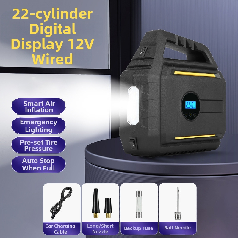 Automobilová vzduchová pumpa s núdzovým štartovačom a power bankom – prenosná všetko-v-jednom jednotka, 12V, 120W, kábel 2,8 m, 60 cm hadica, digitálny displej