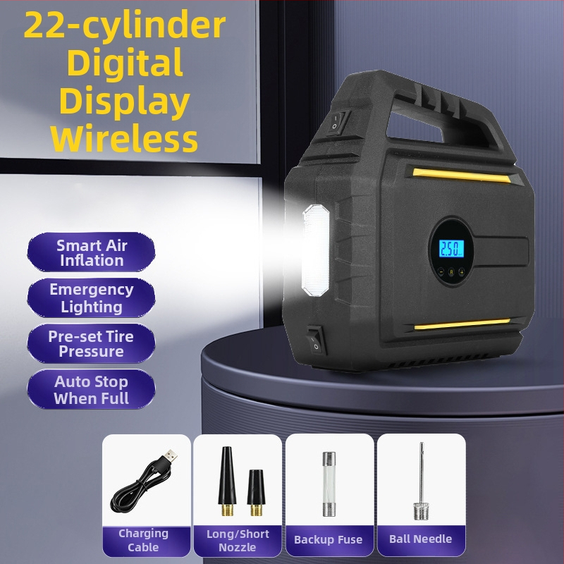 Automobilová vzduchová pumpa s núdzovým štartovačom a power bankom – prenosná všetko-v-jednom jednotka, 12V, 120W, kábel 2,8 m, 60 cm hadica, digitálny displej