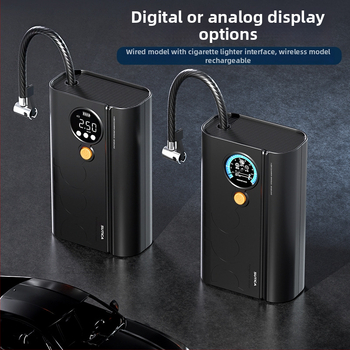 Bezdrôtová automobilová pumpa s digitálnym displejom a tlakomera na pneumatiky | 12V, 120W, ABS telo, napájanie USB alebo zapaľovačom, dlhý kábel 3 m/1 m, jednocylindrový dizajn
