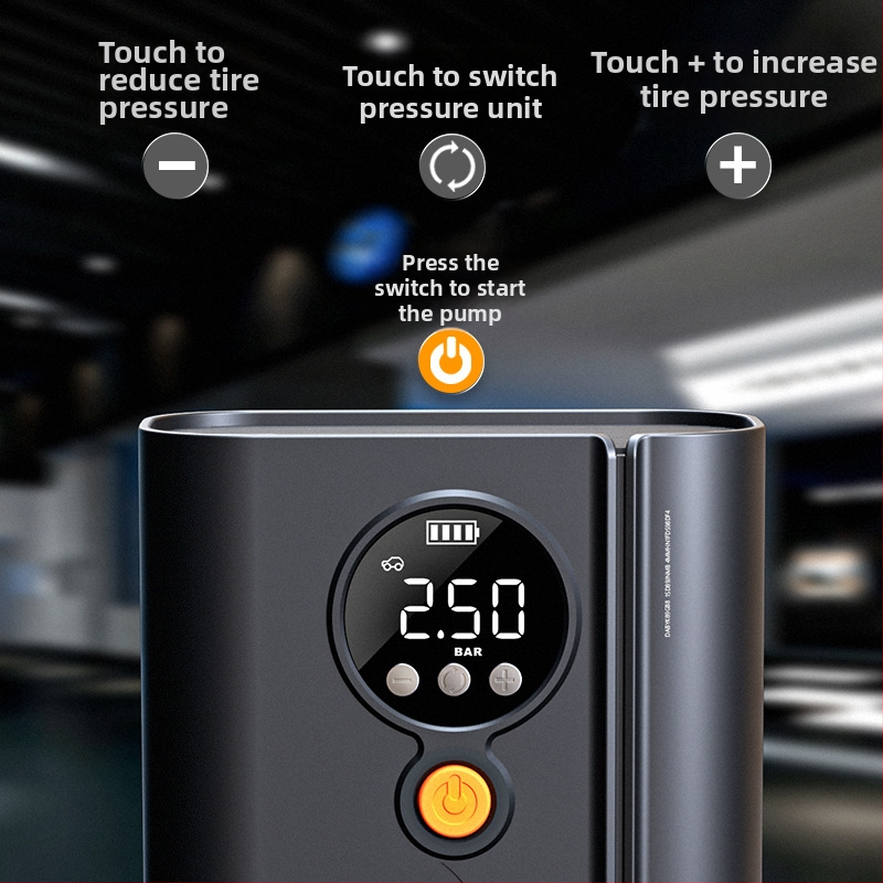 Bezdrôtová automobilová pumpa s digitálnym displejom a tlakomera na pneumatiky | 12V, 120W, ABS telo, napájanie USB alebo zapaľovačom, dlhý kábel 3 m/1 m, jednocylindrový dizajn