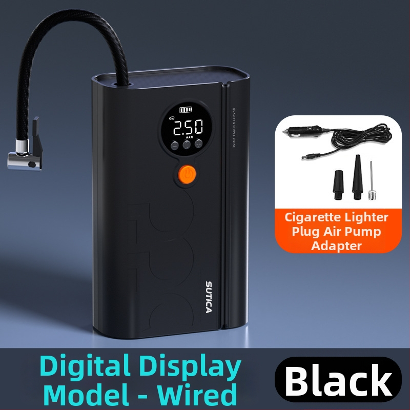 Bezdrôtová automobilová pumpa s digitálnym displejom a tlakomera na pneumatiky | 12V, 120W, ABS telo, napájanie USB alebo zapaľovačom, dlhý kábel 3 m/1 m, jednocylindrový dizajn