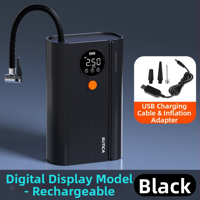 Bezdrôtová automobilová pumpa s digitálnym displejom a tlakomera na pneumatiky | 12V, 120W, ABS telo, napájanie USB alebo zapaľovačom, dlhý kábel 3 m/1 m, jednocylindrový dizajn