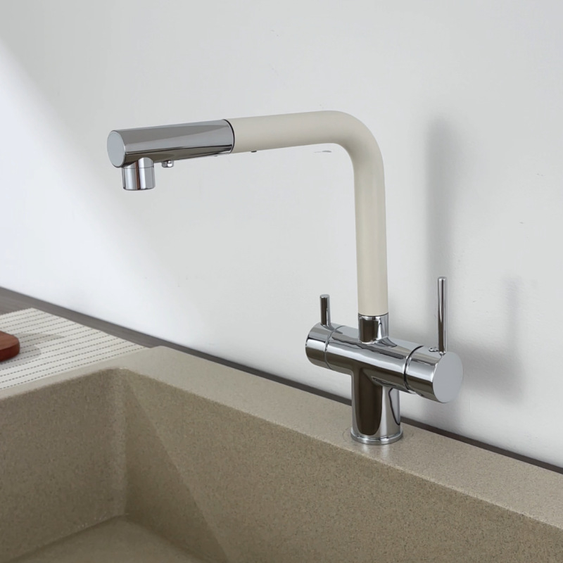 Kuhinjski faucet tri u jednom, bakreno tijelo, povlačni, okretni, promjer ulaza/izlaza 2.0
