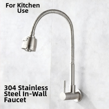 Kuchynská batéria z nerezovej ocele, zabudovaná do steny, jednosmerný studený prívod, keramický diskový ventil, otočná hadica