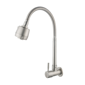 Kuchynská batéria z nerezovej ocele, zabudovaná do steny, jednosmerný studený prívod, keramický diskový ventil, otočná hadica