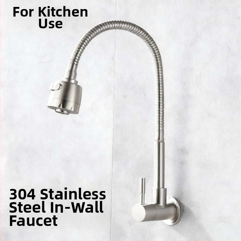 Kuchynská batéria z nerezovej ocele, zabudovaná do steny, jednosmerný studený prívod, keramický diskový ventil, otočná hadica