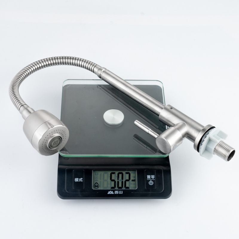 Kuchynská batéria z nerezovej ocele, zabudovaná do steny, jednosmerný studený prívod, keramický diskový ventil, otočná hadica