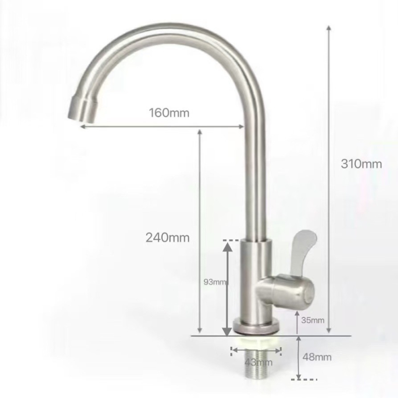 Kuchynská batéria z nerezovej ocele, zabudovaná do steny, jednosmerný studený prívod, keramický diskový ventil, otočná hadica