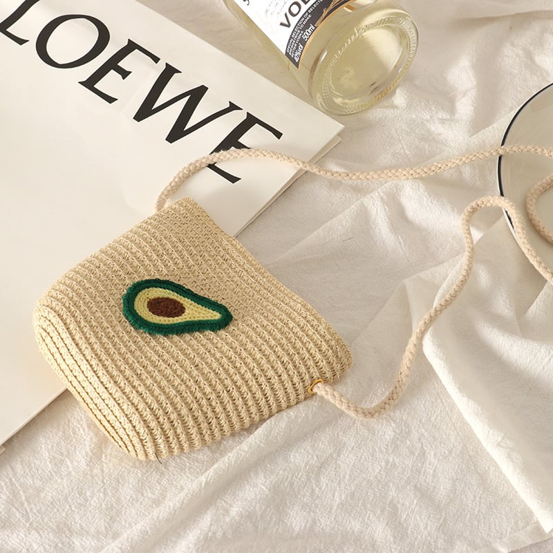 Geantă pentru copii din pai, lucrată manual, cu curea crossbody și fermoar cu model fructe