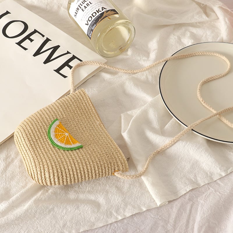 Geantă pentru copii din pai, lucrată manual, cu curea crossbody și fermoar cu model fructe