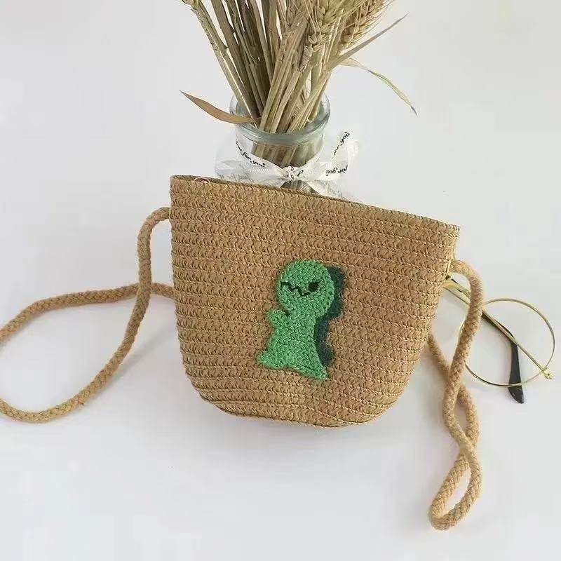 Geantă pentru copii din pai, lucrată manual, cu curea crossbody și fermoar cu model fructe