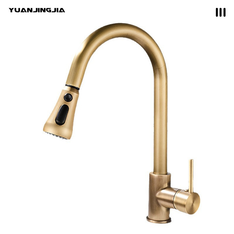 Kuhinjski faucet s izvlakom i rotacijom, mesing s antiknim završnim slojem, keramički disk ventil, vertikalna ugradnja