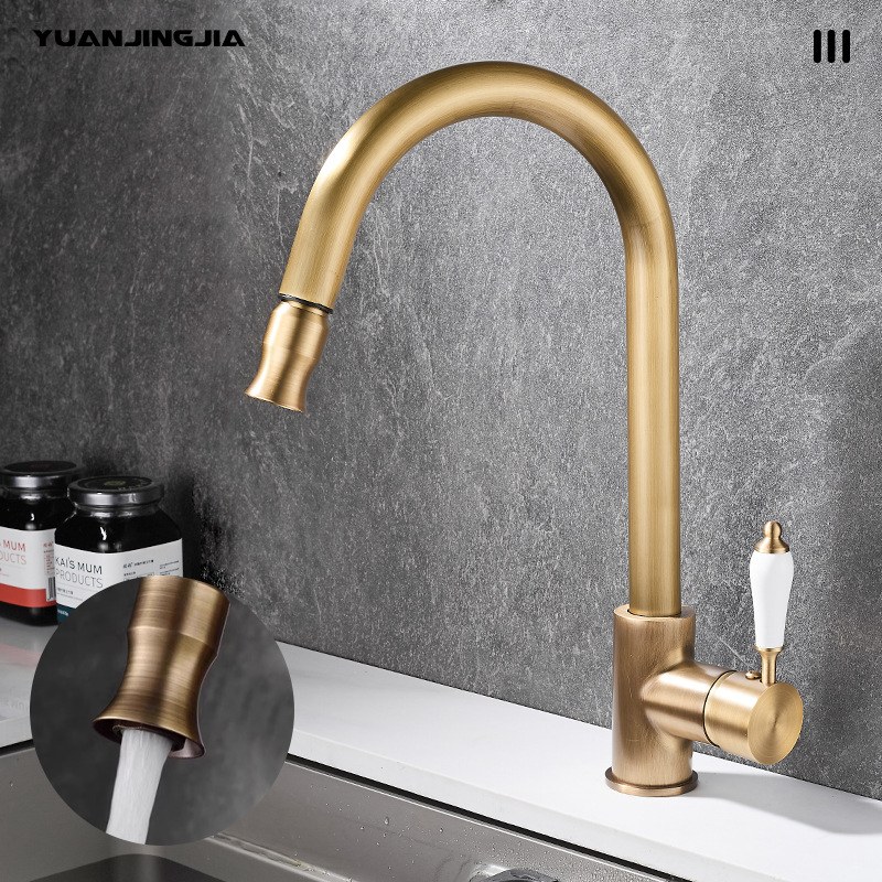 Kuhinjski faucet s izvlakom i rotacijom, mesing s antiknim završnim slojem, keramički disk ventil, vertikalna ugradnja