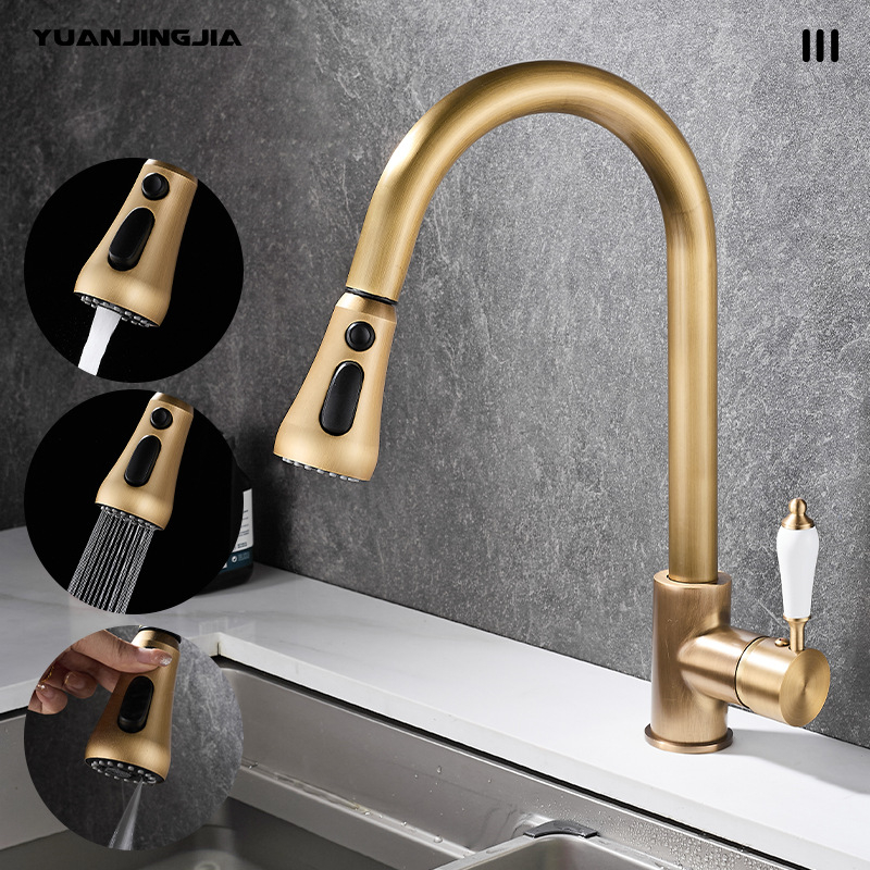Kuhinjski faucet s izvlakom i rotacijom, mesing s antiknim završnim slojem, keramički disk ventil, vertikalna ugradnja