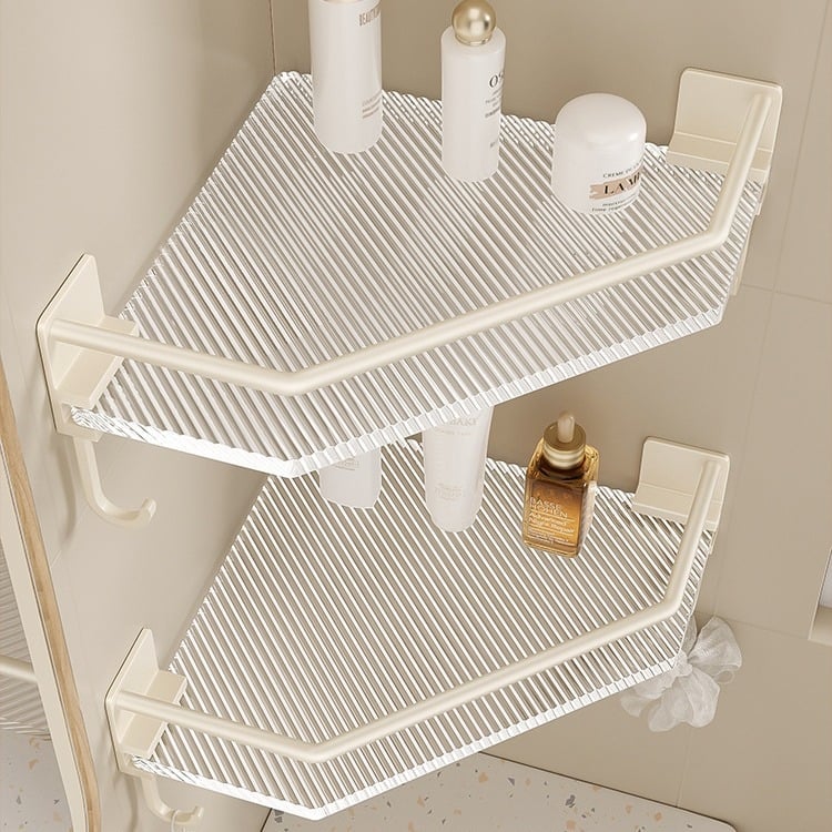 Μπάνιο τρίγωνο ράφι γωνιακής αποθήκευσης, χωρίς τρύπες, κατασκευή από πλαστικό και αλουμίνιο, επίστρωση βαφής baked, 1 ράφι, γωνία με σχήμα φαν