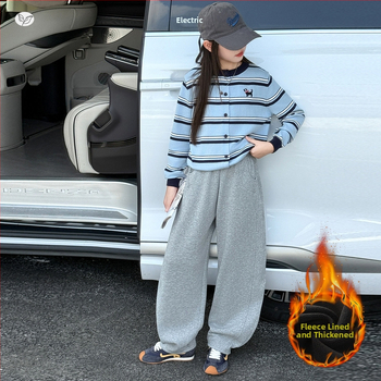 Dievčenské tepláky s fleecovou výstelkou na jeseň-zimu, 60 % bavlny, vysoký pás, široká noha