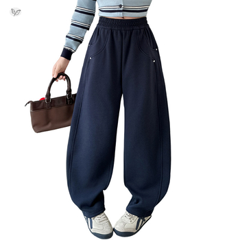 Dievčenské tepláky s fleecovou výstelkou na jeseň-zimu, 60 % bavlny, vysoký pás, široká noha