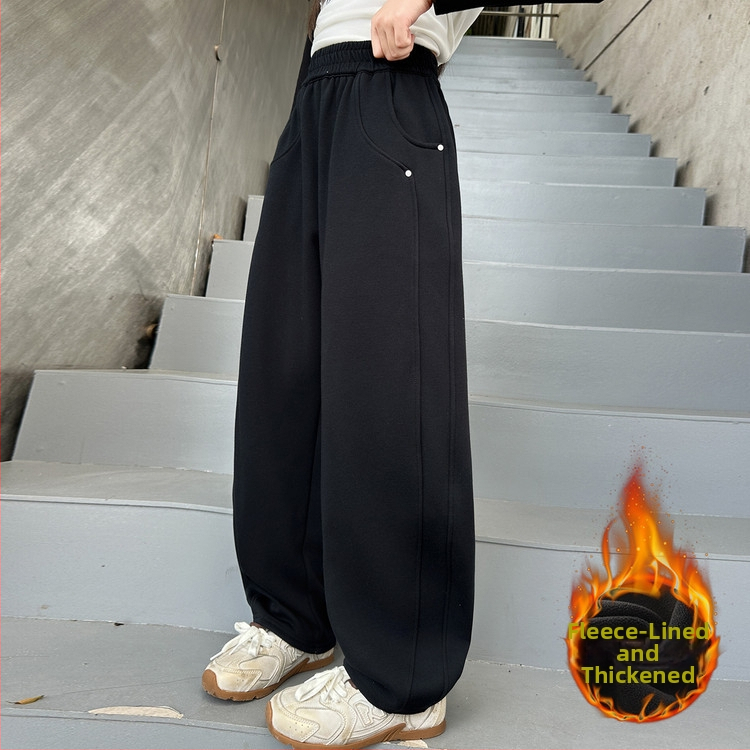 Dievčenské tepláky s fleecovou výstelkou na jeseň-zimu, 60 % bavlny, vysoký pás, široká noha