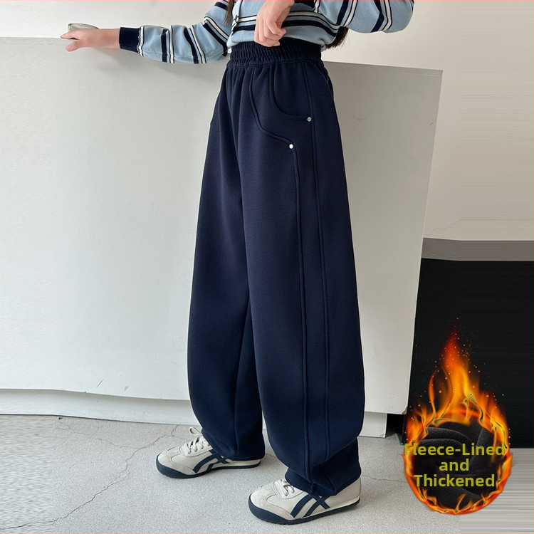 Dievčenské tepláky s fleecovou výstelkou na jeseň-zimu, 60 % bavlny, vysoký pás, široká noha