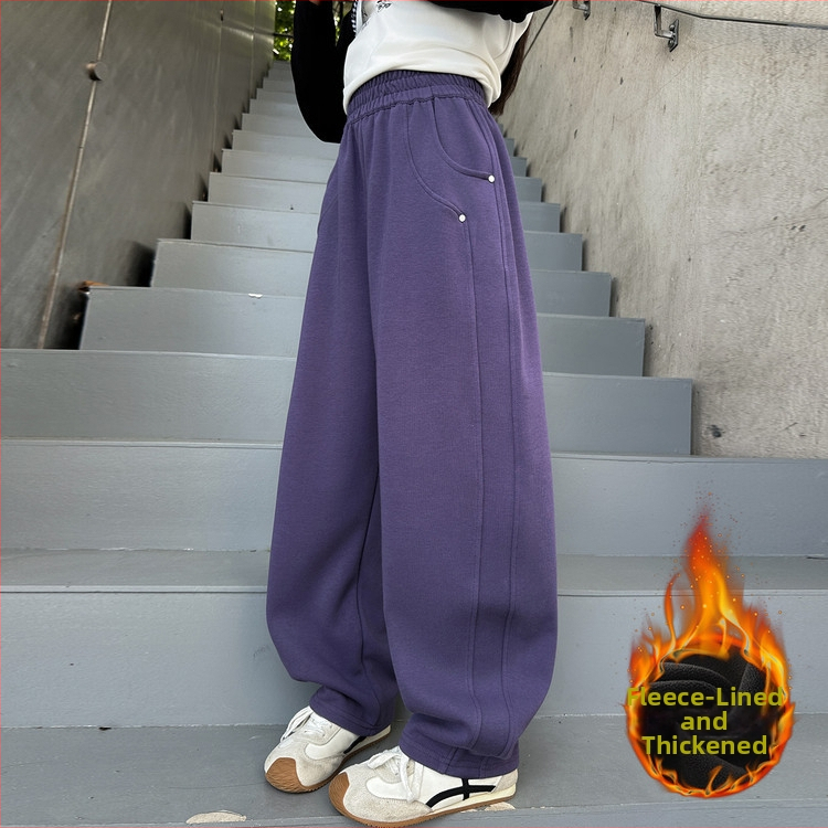 Dievčenské tepláky s fleecovou výstelkou na jeseň-zimu, 60 % bavlny, vysoký pás, široká noha