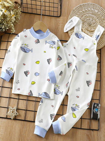 Двукомпонентен памучен комплект за деца — гащеризон с презрамки и принтове с животни/карикатури/аватари/букви, 100% памук, за деца 1–3 години, пролет/есен/зима