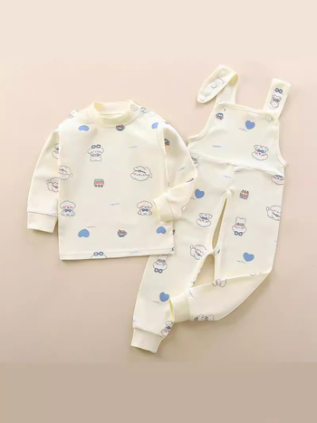 Двукомпонентен памучен комплект за деца — гащеризон с презрамки и принтове с животни/карикатури/аватари/букви, 100% памук, за деца 1–3 години, пролет/есен/зима