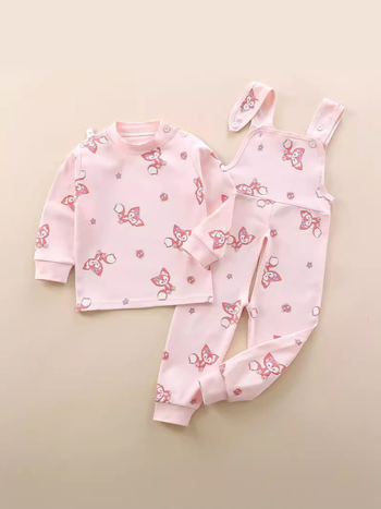 Двукомпонентен памучен комплект за деца — гащеризон с презрамки и принтове с животни/карикатури/аватари/букви, 100% памук, за деца 1–3 години, пролет/есен/зима