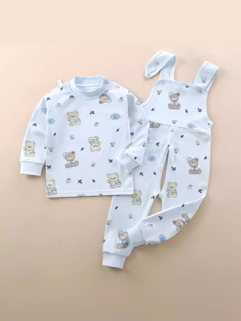 Двукомпонентен памучен комплект за деца — гащеризон с презрамки и принтове с животни/карикатури/аватари/букви, 100% памук, за деца 1–3 години, пролет/есен/зима